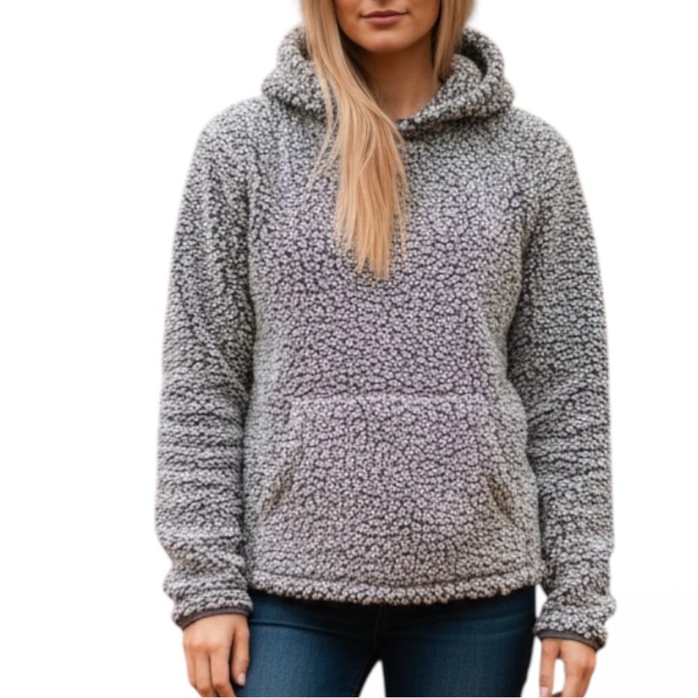 Womens Sherpa Fleece Hoodie Gray Marled Pullover Medium Cozy Soft pocket